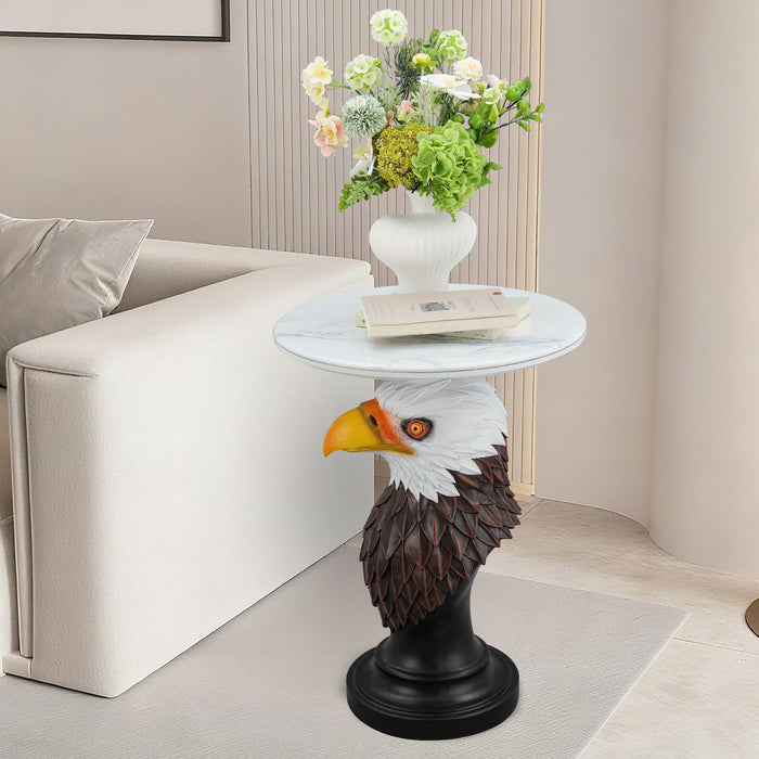 Eagle Head Accent Table, Animal Statue End Tables For Living Room - Brown / Antique White