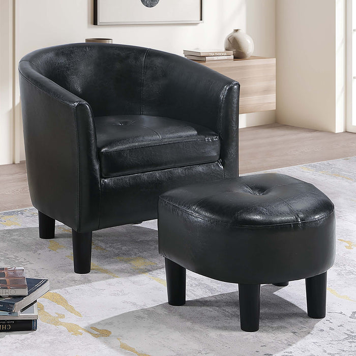 Accent Chair With Matching Ottoman Upholstered Round Backrest, Seating Set - Black