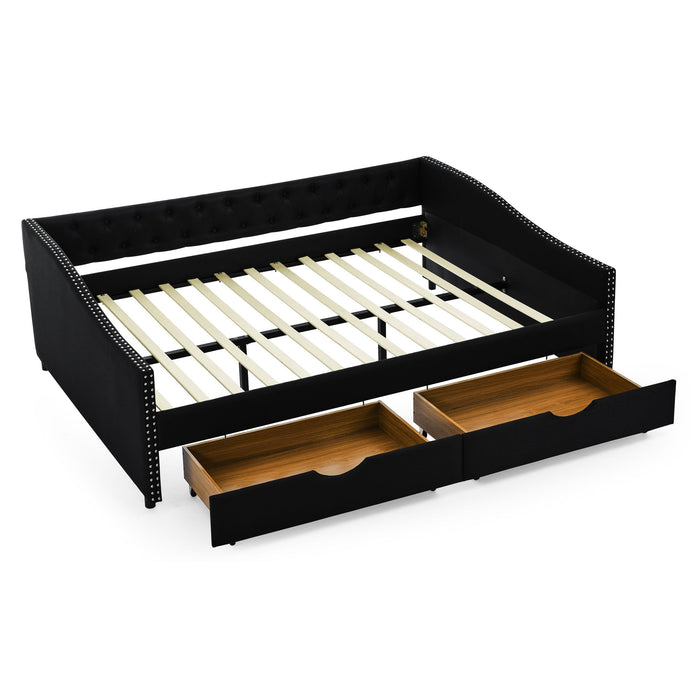 Upholstered Tufted Daybed With 2 Drawers, Waved Arms