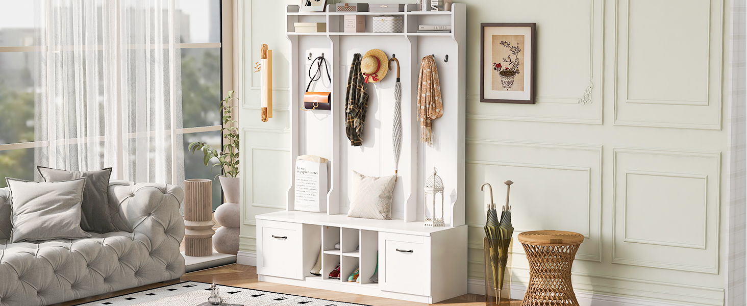 5 In 1 Entryway Bench With Coat Rack, 7 Sturdy Hooks, 2 Spacious Drawers And Adjustable Shelves