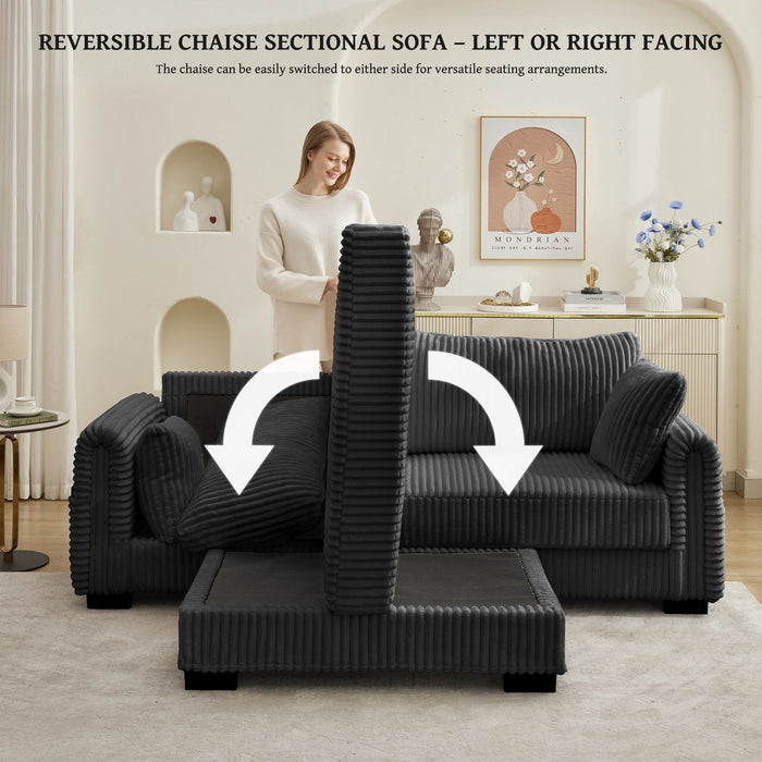 2 Seater L Shaped Chaise Sofa With Reversible Cushion, USB - C Charging Port, Storage Pocket, Convertible Left / Right Design