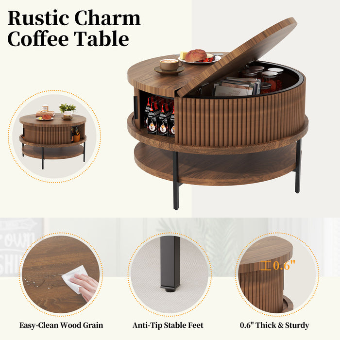 Flip-Top Round Coffee Table With Storage - Brown