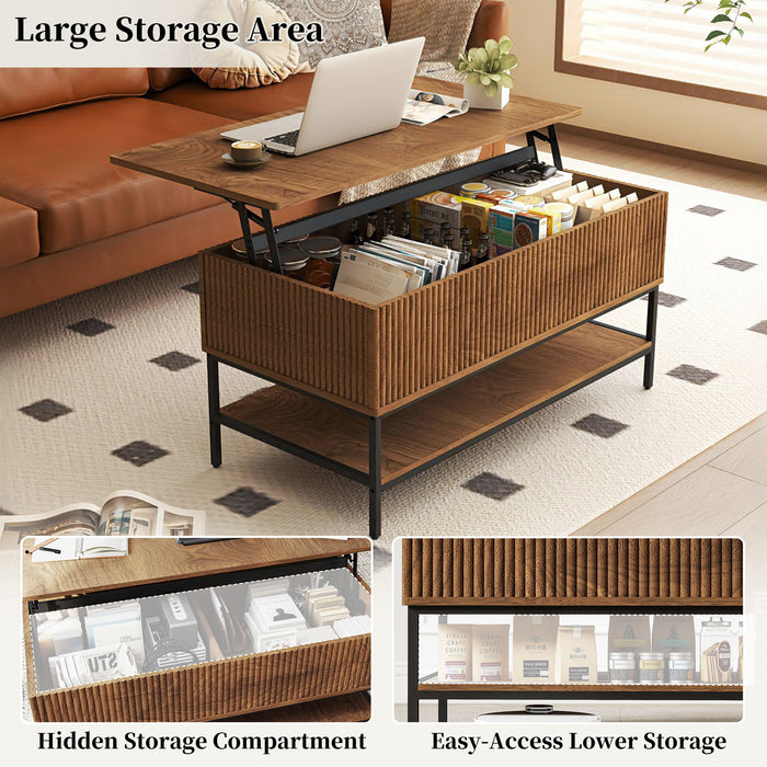 Rectangle Lift Top Coffee Table With Hidden Storage And Lower Shelf - Brown