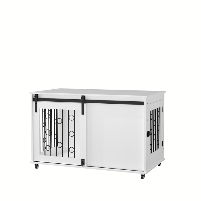 Dog Crate With Sliding Barn Door And Side Access, Lockable Wheels For Small To Medium Dogs - White