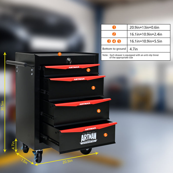 Rolling Metal Tool Chest With Drawers, Steel Storage Cabinet With Ball Bearing Slides