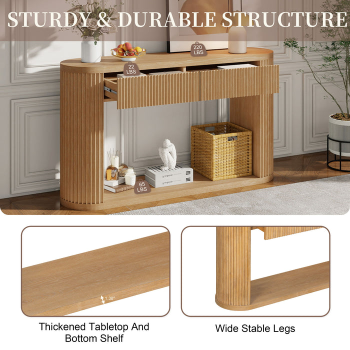 Oval Fluted Console Table With 2 Drawers And Bottom Shelf