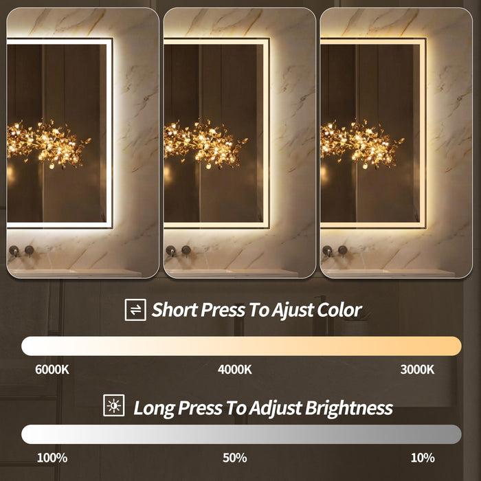 LED Bathroom Vanity Wall Mirror With Straight Edge Design, Frosted Glass Finish, Anti Fog, Dimmable 3 Color Lighting - Silver