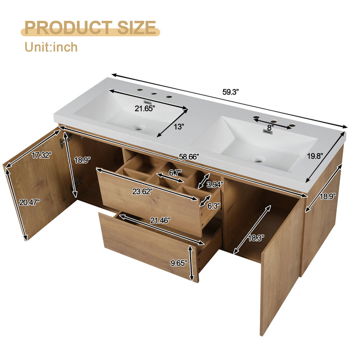 Double Sink Bathroom Vanity, Cabinet & Soft Close Doors, Divided Drawers, Wall Mounted Storage - Wood