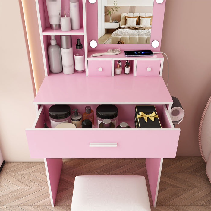 Vanity Table With Mirror, Adjustable LED Lights, Power Outlet, Hairdryer Holder & Stool