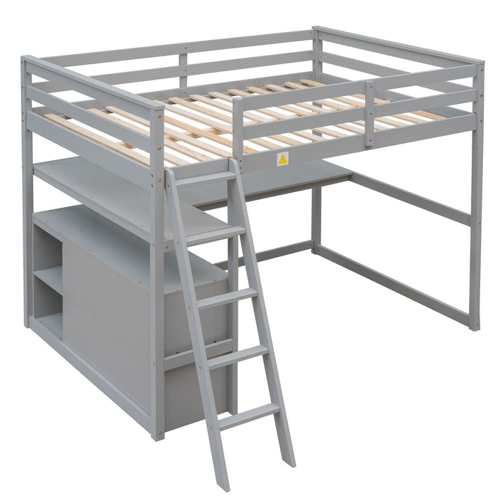 Modern Loft Bed With Built In Desk, Shelves, And 2 Drawers