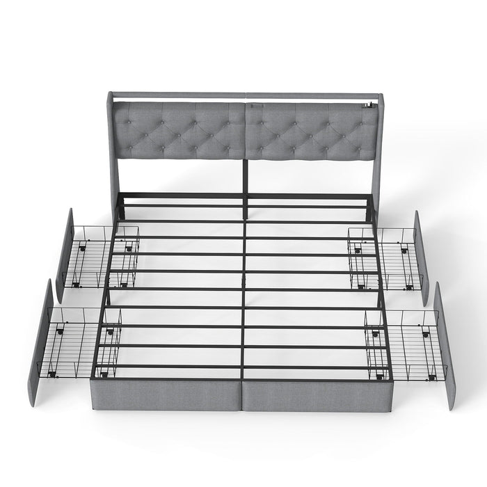 Platform Bed Frame With RGB LED Lights, Charging Station, Storage Headboard & 4 Underbed Drawers