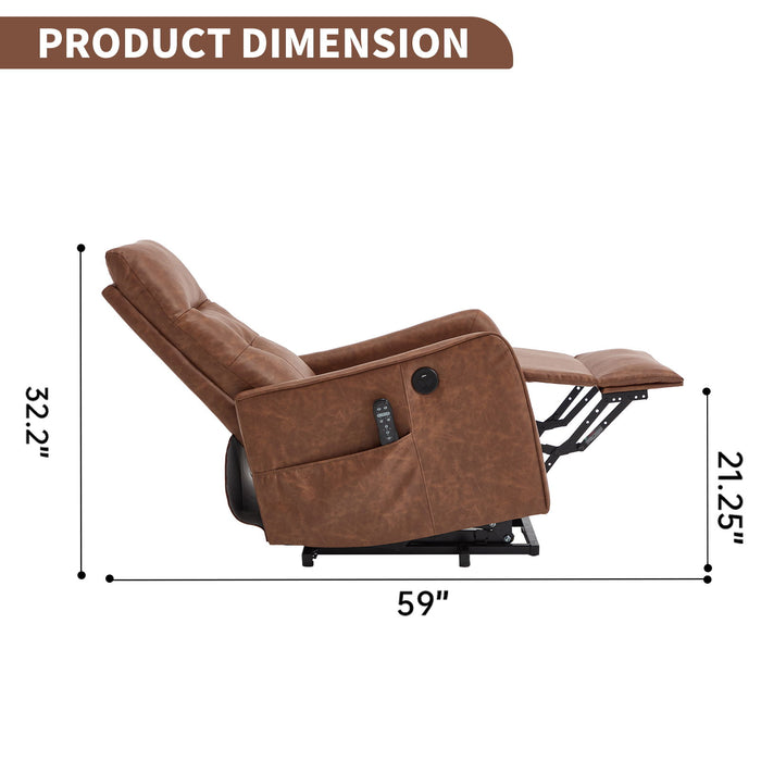 Single Motor Power Lift Recliner Chair With Massage And Heat, USB For Charging - Brown