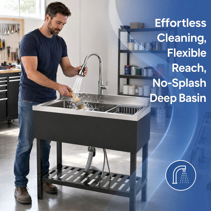 Freestanding Utility Sink With Pull Out Faucet And Large Storage Grille - Black / Silver
