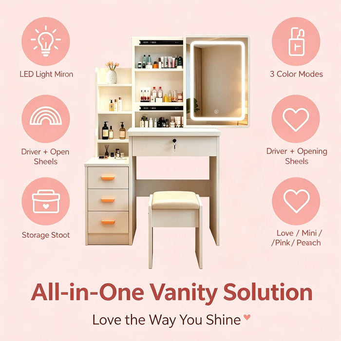Vanity Set With LED Mirror, Storage Dressing Table & Cushioned Stool - Cream White