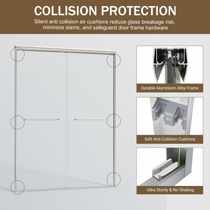 Double Sliding Shower Door, Semi-Frameless Bypass Bathroom Sliding Door With 1/4" (6 Mm) Tempered Glass For Walk-In Shower