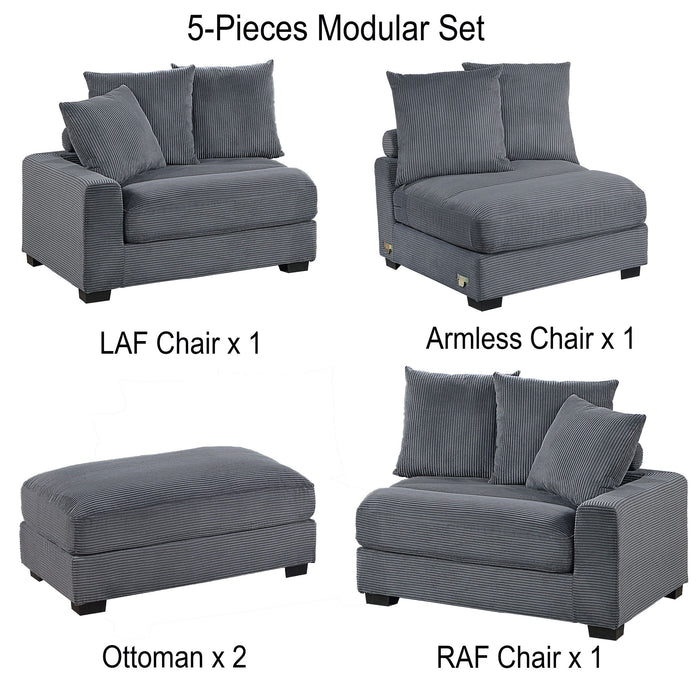5 Piece Modular Sectional Set Couch With LAF & RAF Chairs, Living Room Furniture - Dark Gray
