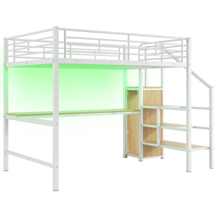 Loft Bed With Desk, Storage Staircase, Small Wardrobe And LED Light