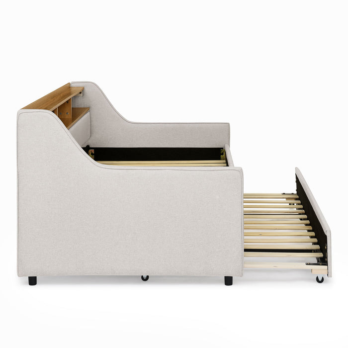 Upholstered Sofa Bed With LED Lights, Storage Headboard, Foldable Trundle & Wireless Charging