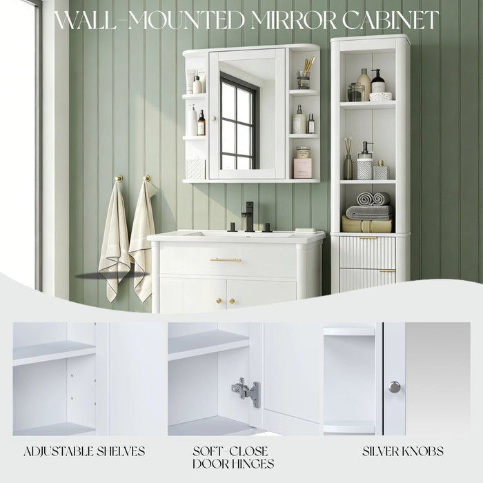 Bathroom Wall Storage Cabinet With Mirror And Adjustable Shelf, 6 Open Shelves