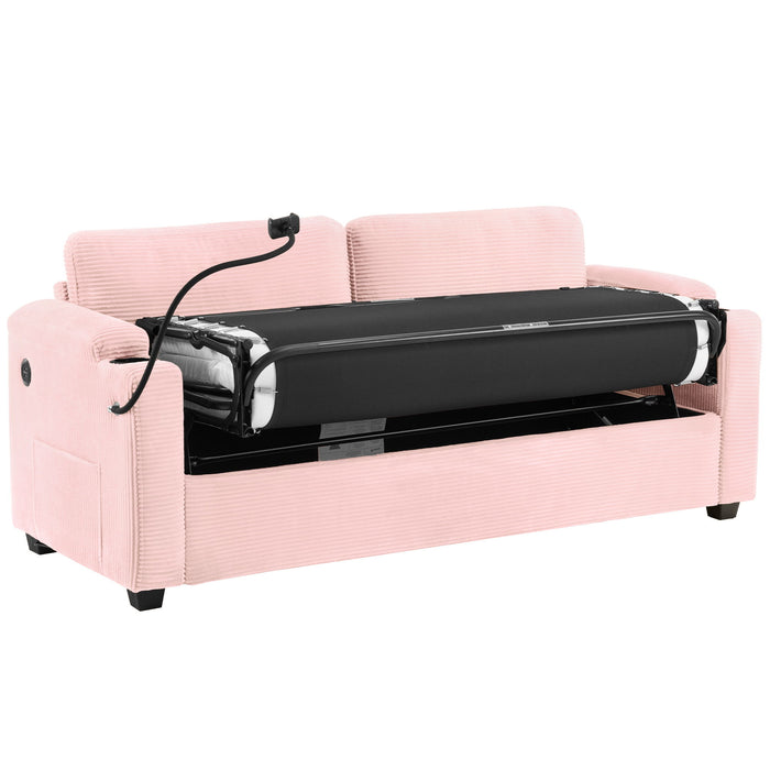 Sleeper Sofa Loveseat Sofa With Full Size Mattress, 2 USB Ports, 2 Cup Holders, 2 Side Pockets And Phone Holder