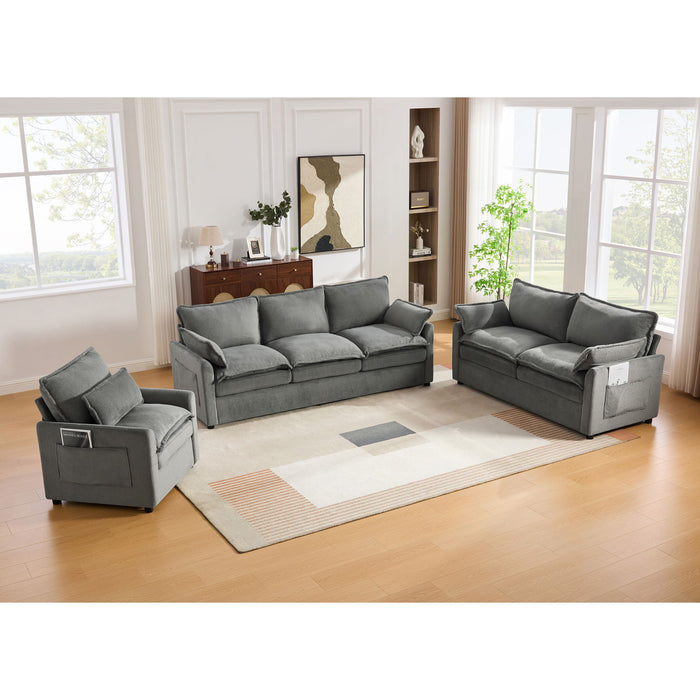 Modern Sofa Set With Double Layer Cushion And Side Storage Pockets