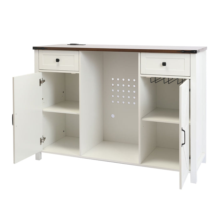 Coffee Bar With Mini Fridge Space & Built In Charging Station, Large Bar Cabinet With Drawers & Adjustable Shelves For Kitchen - White