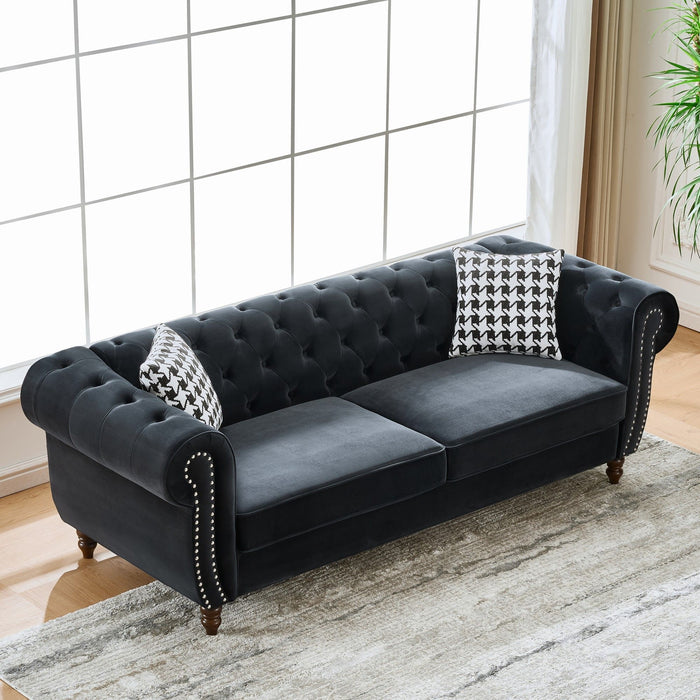 Chesterfield Upholstery Fabric Sofa With Roll Armrest & Nailhead