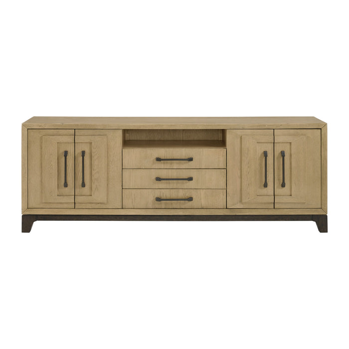 Sutton Place - Entertainment Console With Open Shelf, Storage Drawers, And Cord Cutouts - Caramel / Cocoa