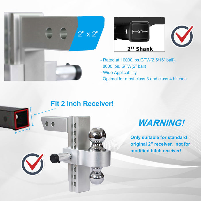 Alu - Adjustable Trailer Drop Hitch 2" Receiver 8" Adjustable - Silver