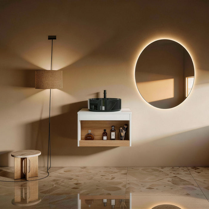 Floating Bathroom Vanity With Vessel Sink With Open Shelf Storage