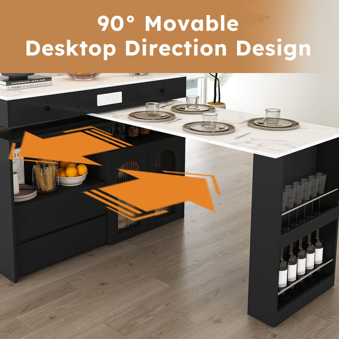 Kitchen Island With Extendable Rotating Table, 4 Drawers & Glass Door Cabinets, Built In Socket - Black