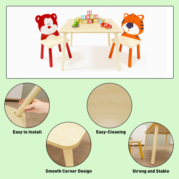 Table And 2 Chairs Set, Activity Play Table Set With Bear & Tiger Design - Natural