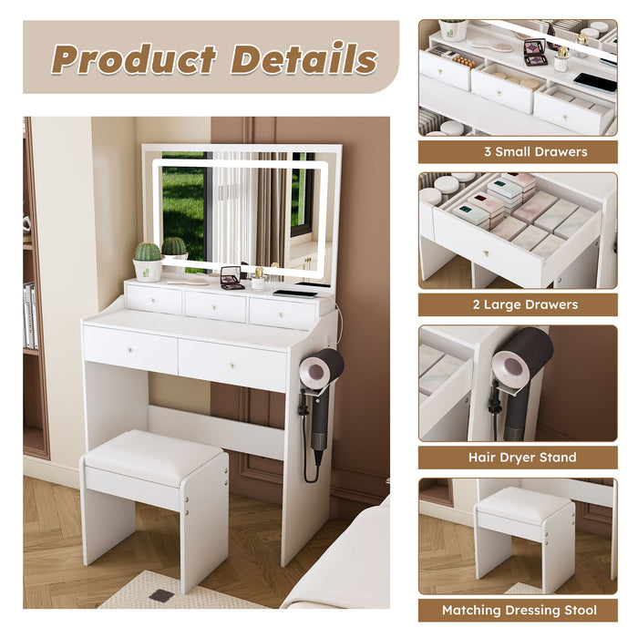 Modern Makeup Vanity Set With Power Outlet, Hair Dryer Holder, And Adjustable Lighting