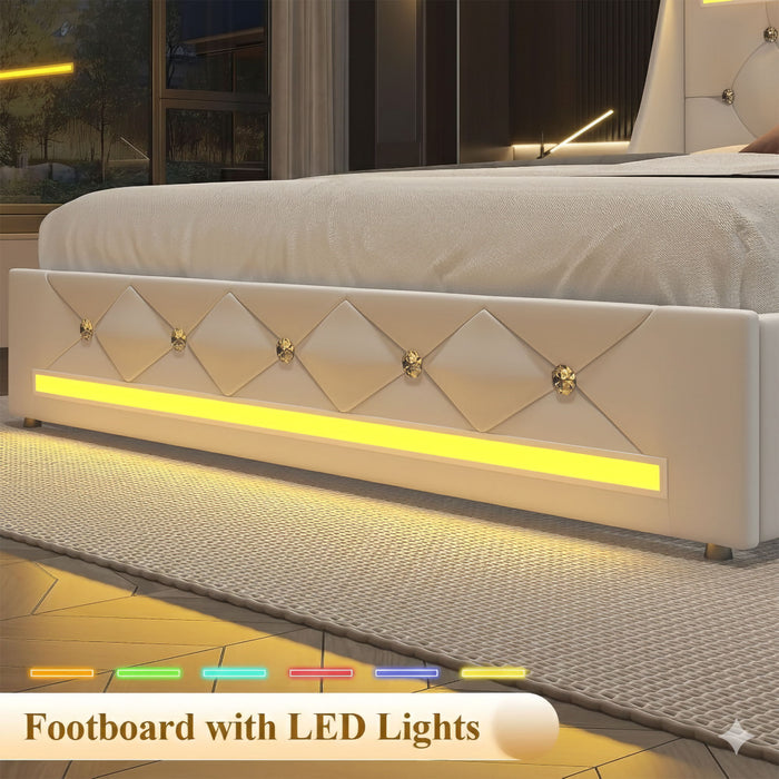 Wingback Upholstered Bed Frame With LED Lights, Charging Station