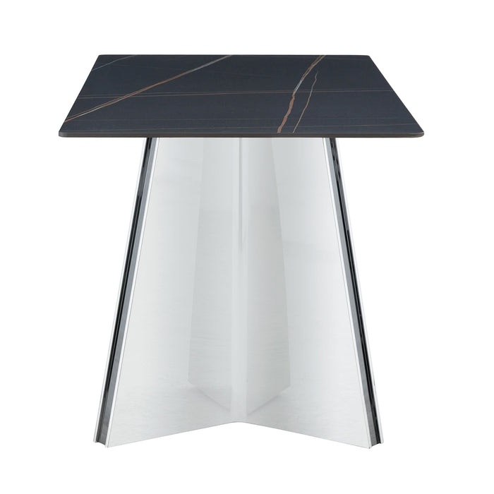 Modern Marble Patterned Dining Table With Stainless Steel Butterfly Legs, Scratch And Heat Resistant - Black / Silver