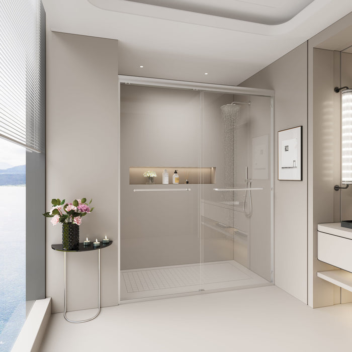 Double Sliding Shower Door, Semi-Frameless Bypass Bathroom Sliding Door With 1/4" (6 Mm) Tempered Glass For Walk-In Shower