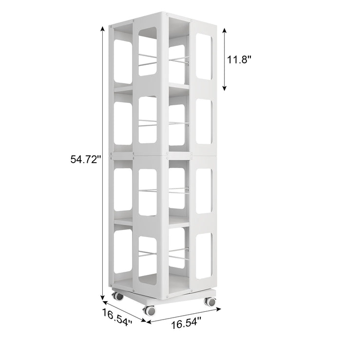 4 Tier All Steel Rotating Bookshelf With 360° Wheels, Large Size Sturdy & Spacious Book Rack, New Style Bookshelf - White