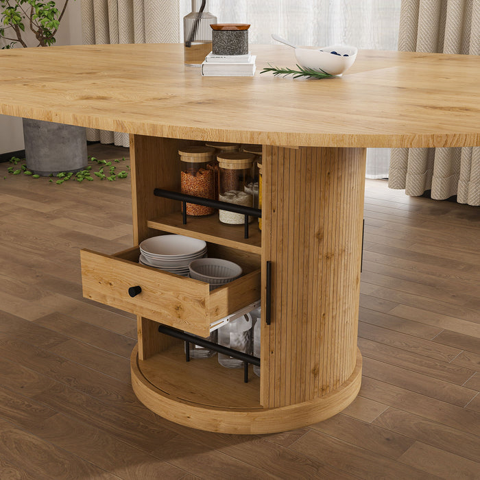 Extendable Oval Dining Table Set With 4 Cushioned Chairs, 2 Tier Storage - Oak