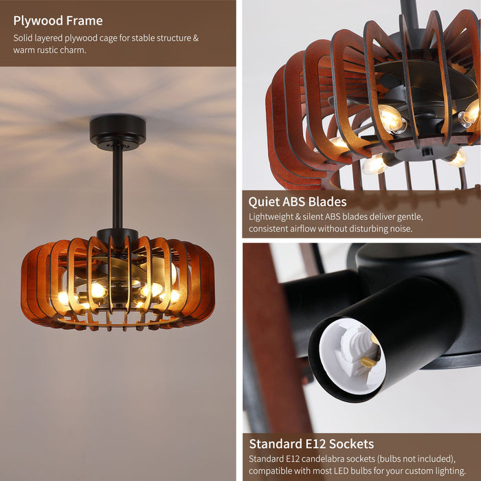 Ceiling Fan, Fandelier With 6 E12 Sockets, Reversible DC Motor, 6 Speeds, Remote Control, Adjustable Hanging - Black / Brown