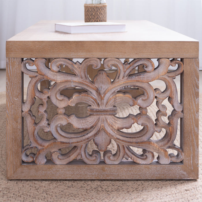 Rustic Carved Wood Coffee Table, Handcrafted Look With Ornate Side Panels