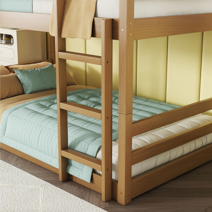 Twin Over Twin Over Twin Triple Bunk Bed With 2 Built In Ladders, Guardrails - Natural