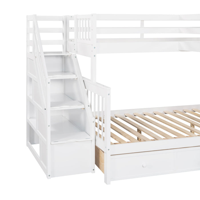 Solid L Shaped Bunk Bed With 3 Drawers, Ladder And Staircase