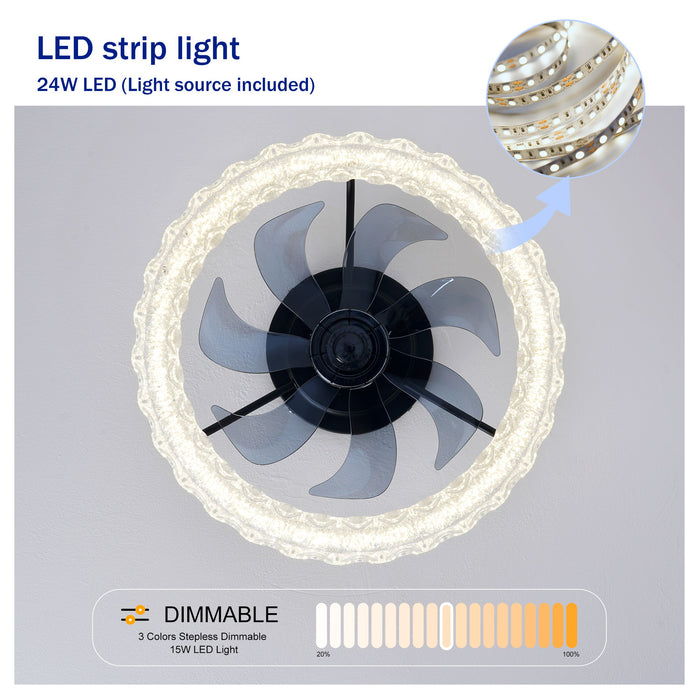 LED Light Source And Remote Control, 3000 - 6500K Dimmable Flush Mount LED Fan Light, 6 Speeds, Quiet DC Motor - Matte Black