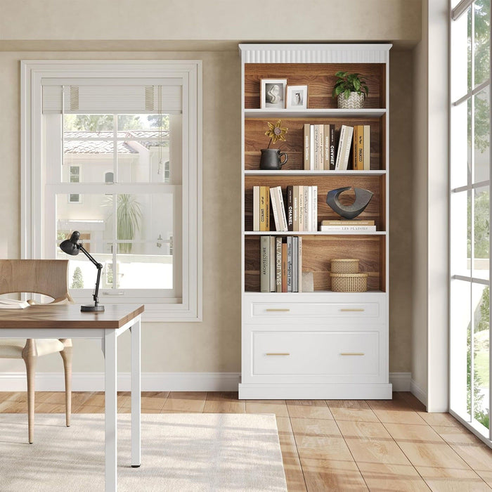 5 Tier White Bookcase With 2 Drawers Storage Organizer For Living Room - White