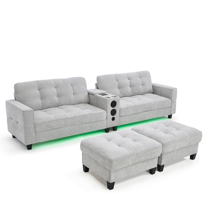 Modern Sectional Sofa U-Shaped With Movable Ottomans, Bluetooth Speakers, LED Lights And Modular Storage