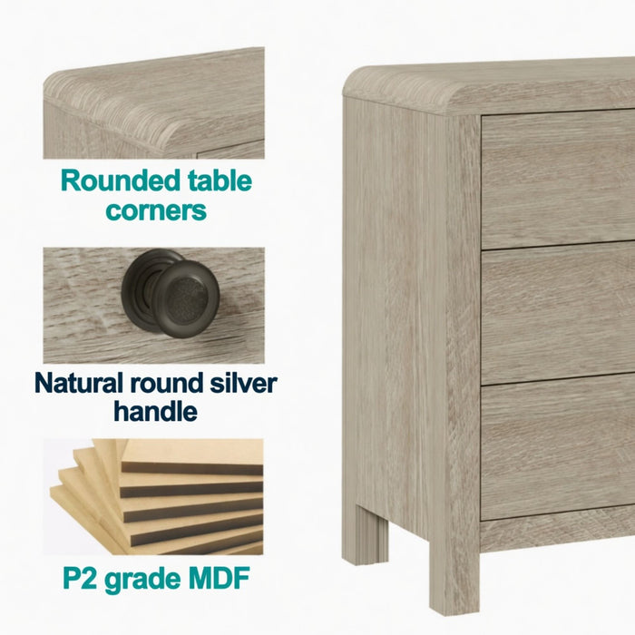 3 Drawer Chest Of Drawers With Soft Close Glides Rounded Corners Handles - Natural