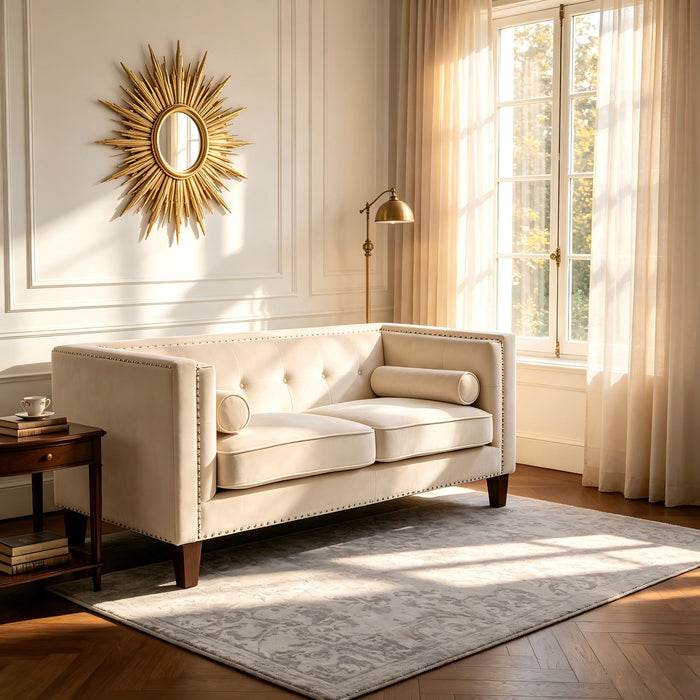 Button Tufted Square Arm Loveseat Sofa With Nailhead Trim, Upholstered 2 Seater Couch - Ivory
