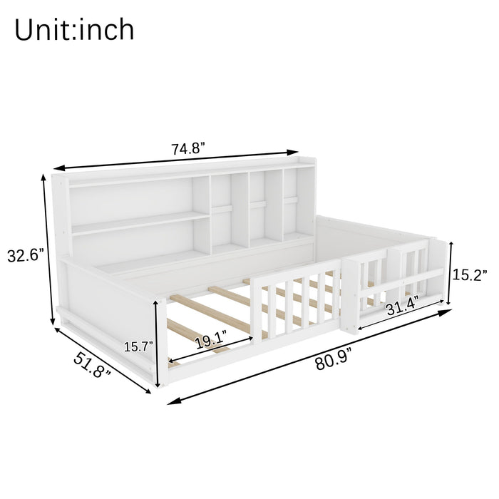 Platform Bed Frame With Guardrail, Storage Shelves & Bookshelf