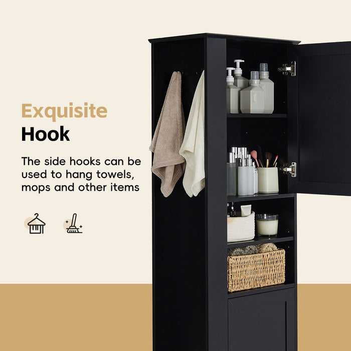 Tall Freestanding Bathroom Storage Cabinet With Adjustable Shelves And Side Hooks Board, Rectangle Design