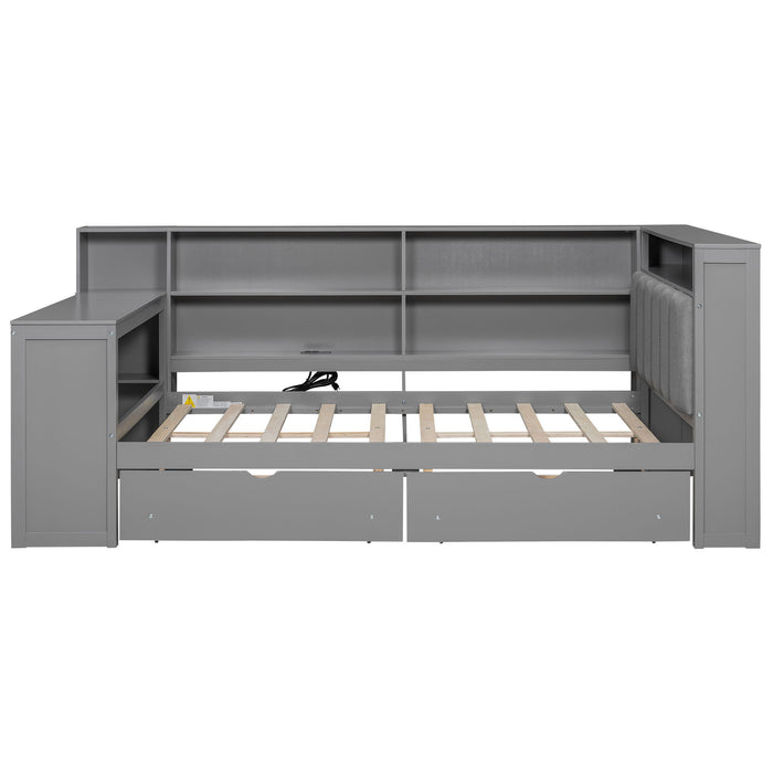 Platform Bed With Upholstered Headboard, Storage Shelves, Drawers, Charging Station, LED Lighting, Built In Desk